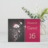 Schwarz, rot, weiß, blumig, Schmetterling Süß 16 Einladung (Stehend Vorderseite)