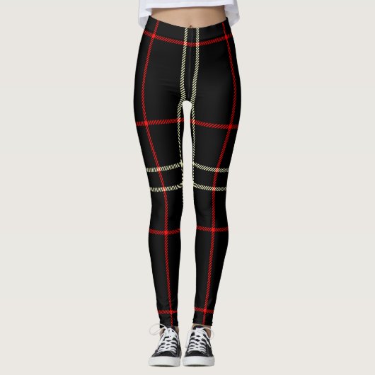 Schwarz, Rot, Weiß Creme Twill Tartan; Kariert Leggings (Vorderseite)