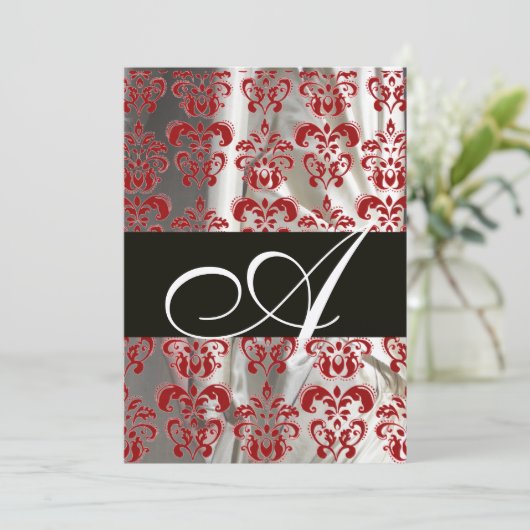 SCHWARZ-ROT-WEISSE SILK-DAMASK-MONOGRAMM-CHAMPAGNE EINLADUNG (Stehend Vorderseite)