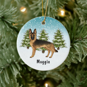 Schwarz-Rotbrauner Deutscher Schäferhund im Winter Keramik Ornament