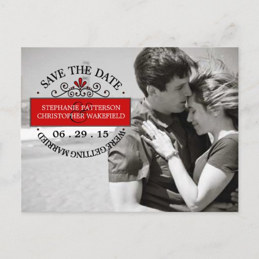 Schwarz | Rote grafische Briefmarke Save the Date  Ankündigungspostkarte (Vorderseite)