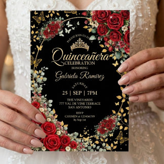 Schwarz-Rote Quinceañera Goldene Schmetterlinge Ro Einladung