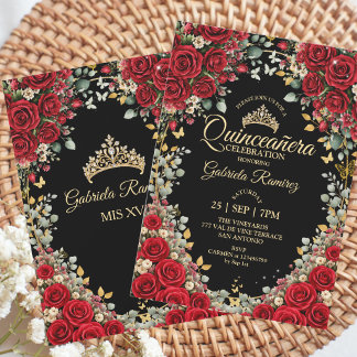 Schwarz-Rote Quinceañera Goldene Schmetterlinge Ro Einladung