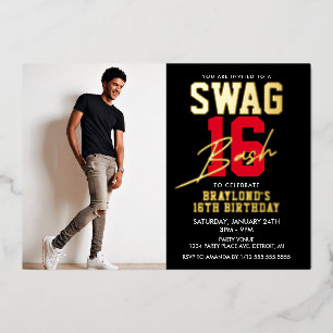 Schwarz-Rote Swag 16. Geburtstag Folieneinladung