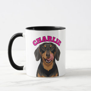 Schwarz-roter Dachshund Wiener Hund leckt Nase Tasse