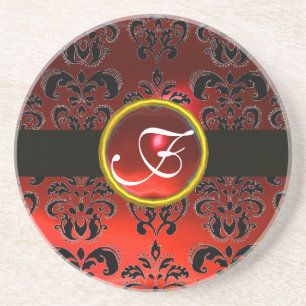 SCHWARZ-ROTER DAMAST RUBIN Monogramm Sandstein Untersetzer