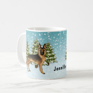 Schwarz-roter deutscher Schäferhund im Winterwald Kaffeetasse