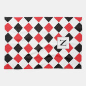 Schwarz-Rotes Argyle-Muster-Monogramm Geschirrtuch (Horizontal)