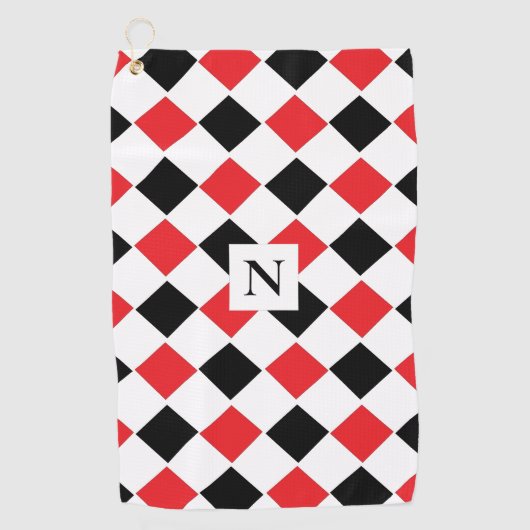 Schwarz-Rotes Argyle-Muster-Monogramm Golfhandtuch (Vorderseite)