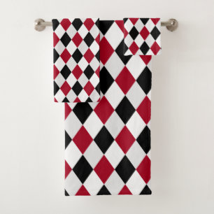 Schwarz-rotes Harlekin-Diamantmuster-Bad Badhandtuch Set