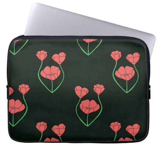 Schwarz-rotes Pfingstrosenmuster Laptopschutzhülle (Vorderseite)