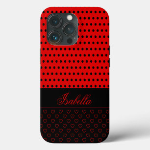 Schwarz-rotes Punkte-Muster, individueller Name iPhone 13 Pro Hülle