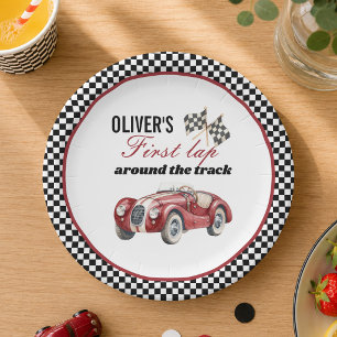 Schwarz-rotes Vintage-Sportwagen-Rennenparty  Pappteller