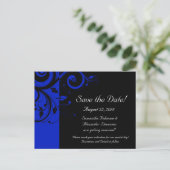 Schwarz/Royal Blue Reverse Swirl Save the Date Ankündigungspostkarte (Stehend Vorderseite)