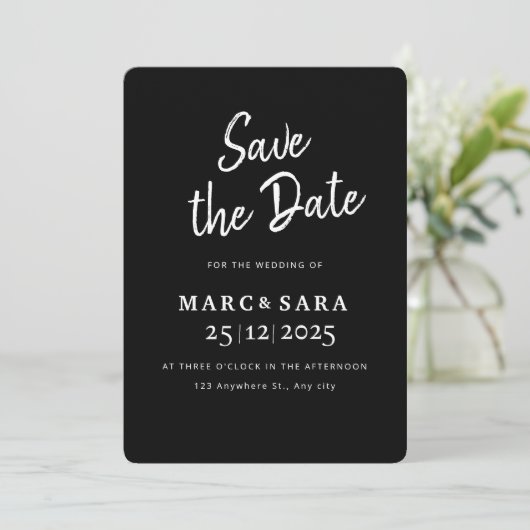 Schwarz Save the Date bearbeitbar, moderner Schwar (Stehend Vorderseite)