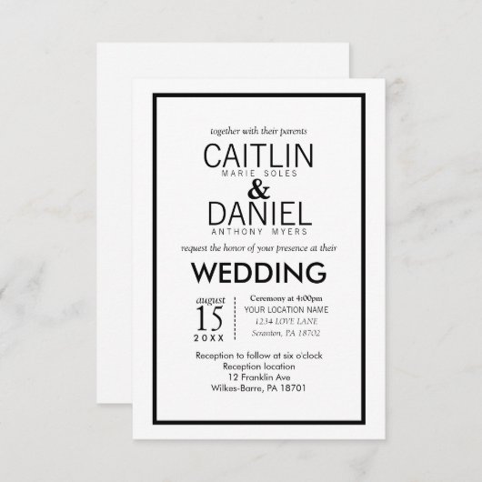 Schwarz-Schwarz-Einfache Grenzhochzeit Einladung (Vorne/Hinten)