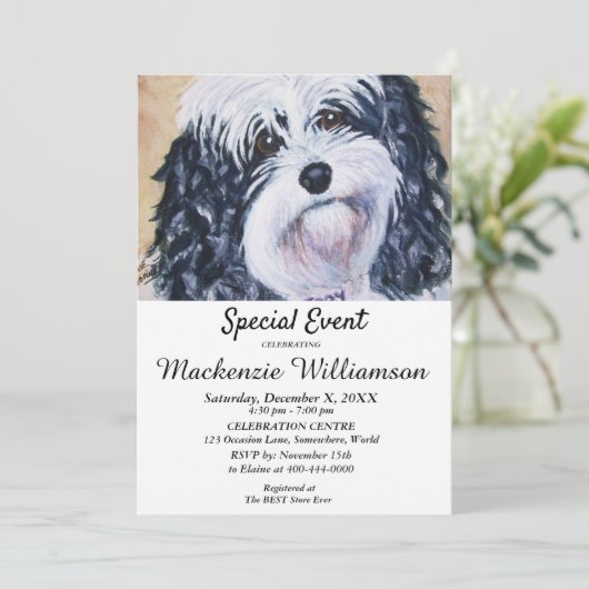 SCHWARZ-SCHWARZ UND WEISS-PUPPY WÜNSCHT GLÜCKLICH  EINLADUNG (Stehend Vorderseite)