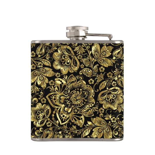 Schwarz-Shiny-Gold-Blume-Muster Flachmann (Rückseite)