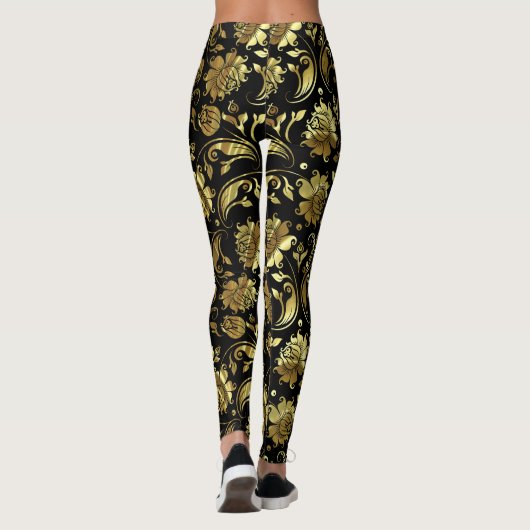 Schwarz-Shiny-Gold-Damaskus-Muster Leggings (Rückseite)