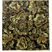 Schwarz & Shiny Gold Floral Damaskus Muster Duschvorhang (Vorderseite)
