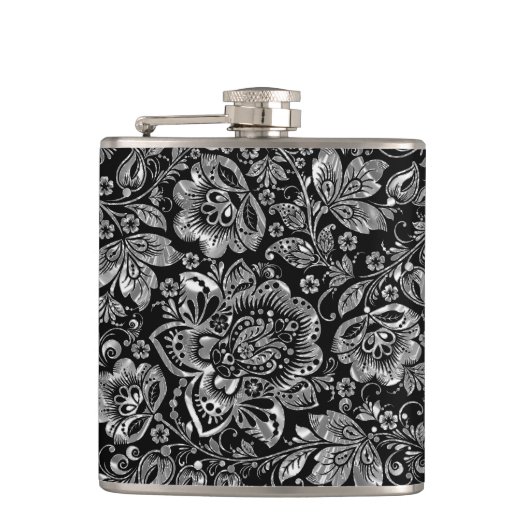 Schwarz & Shiny Silver Blume Damaskus Muster Flachmann (Vorderseite)