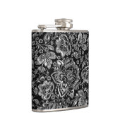Schwarz & Shiny Silver Blume Damaskus Muster Flachmann (Rechts)