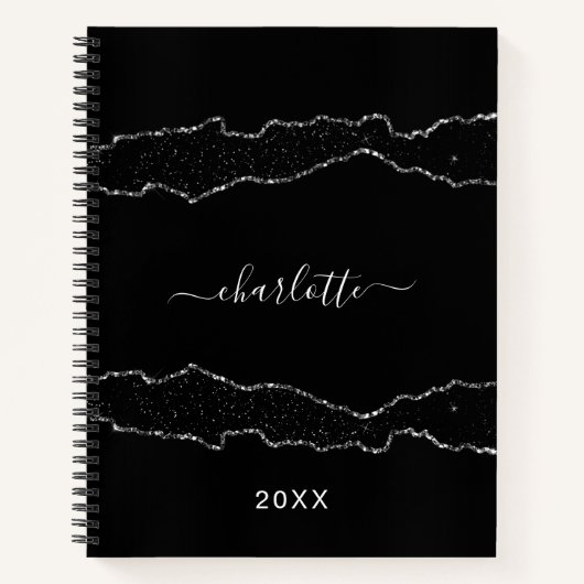 Schwarz-Silber-Agarve-Marmor-Namensskript Notizblock (Vorderseite)