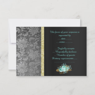 SCHWARZ SILBER AQUA BLUMEN RSVP KARTE