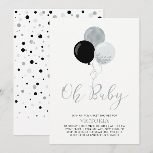 Schwarz-Silber-Balloons | Oh Baby Boy Baby Dusche Einladung (Vorne/Hinten)