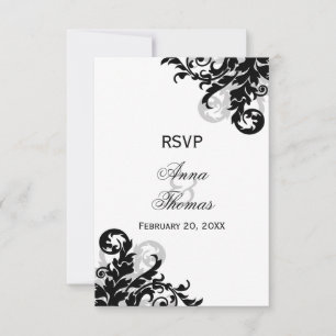 Schwarz-Silber-Blüh-RSVP-Karten für Hochzeiten RSVP Karte