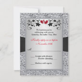 Schwarz-Silber-Blütenrotes Herz-IMITAT RSVP-Karte RSVP Karte (Rückseite)