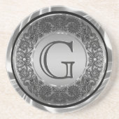 Schwarz-Silber-Circle-Floral-Design monogrammatisc Untersetzer (Vorne)