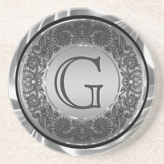 Schwarz-Silber-Circle-Floral-Design monogrammatisc Untersetzer (Vorne)