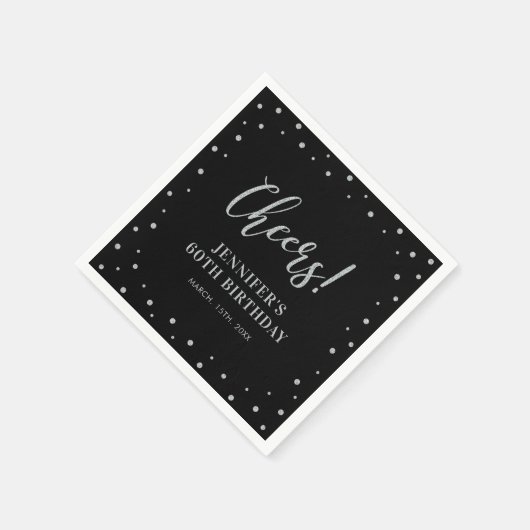 Schwarz & Silber | Confetti Adult Birthday Party Serviette (Ecke)