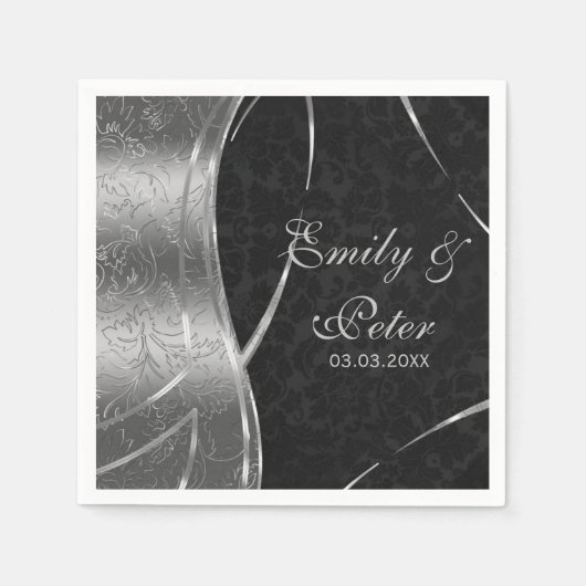 Schwarz-Silber-Damaske Save the Date Serviette (Vorderseite)