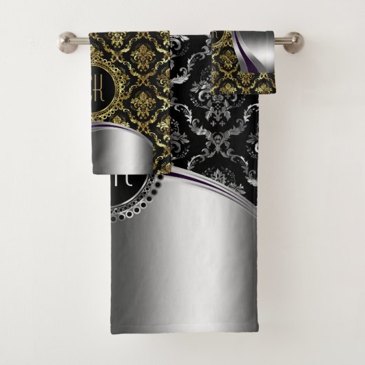 Schwarz-Silber-Damasken Badhandtuch Set (Insitu)
