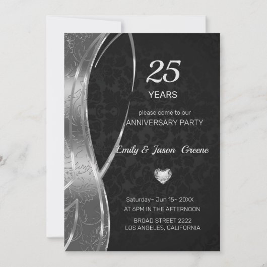 Schwarz-Silber-Damast Einladung (Vorderseite)