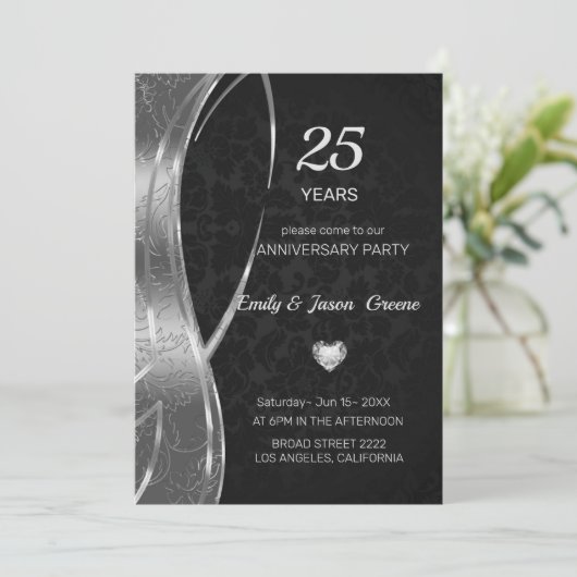 Schwarz-Silber-Damast Einladung (Stehend Vorderseite)