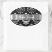 Schwarz-Silber-Damast Ovaler Aufkleber (Tasche)