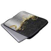 Schwarz-Silber-Damast und Wirbel Laptopschutzhülle (Vorne Knopf)
