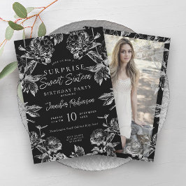 Schwarz-Silber-Foto-ÜBERRASCHUNG Sweet 16 Einladung