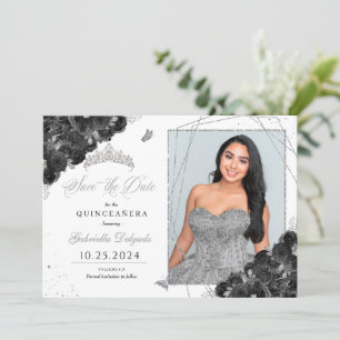 Schwarz & Silber Fotokarte Quinceañera Save the Da Einladung