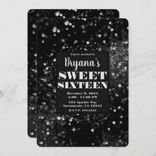 Schwarz Silber funkelnde Lights Glam Sweet 16 Part Einladung (Vorne/Hinten)