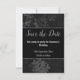 SCHWARZ SILBER GLITZER BLUMENMUSTER SAVE THE DATE RSVP KARTE