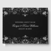 Schwarz-Silber-Glitzer-Blumenränder Gästebuch (Vorderseite)
