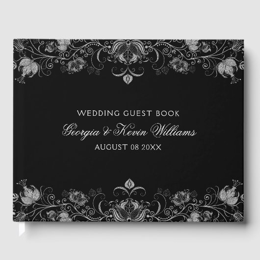 Schwarz-Silber-Glitzer-Blumenränder Gästebuch (Vorderseite)