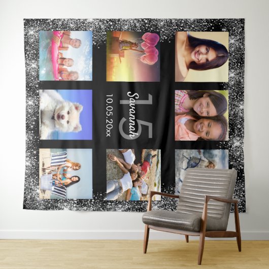 Schwarz-Silber-Glitzer-Collage aus Quinceanera-Fot Wandteppich (Beispiel (Horizontal))