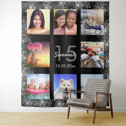 Schwarz-Silber-Glitzer-Collage aus Quinceanera-Fot Wandteppich (Beispiel)