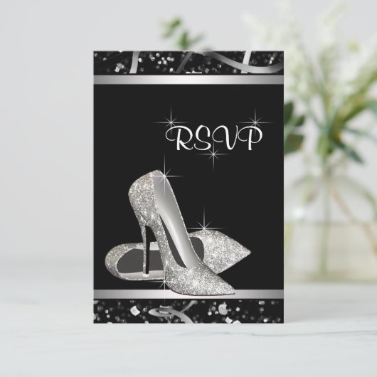Schwarz-Silber-Glitzer-High-Heel-UAWG RSVP Karte (Stehend Vorderseite)