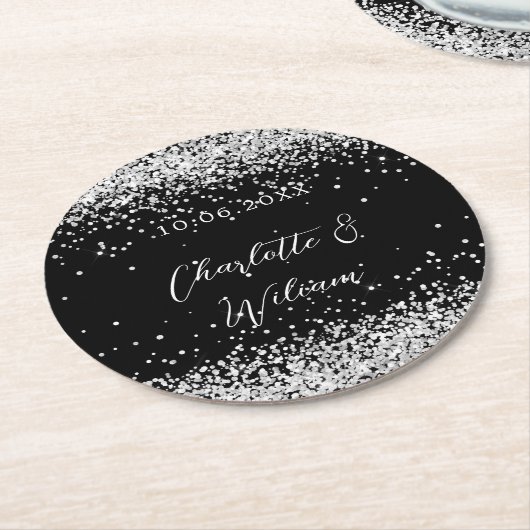 Schwarz-Silber-Glitzer-Hochzeit Runder Pappuntersetzer (Angewinkelt)